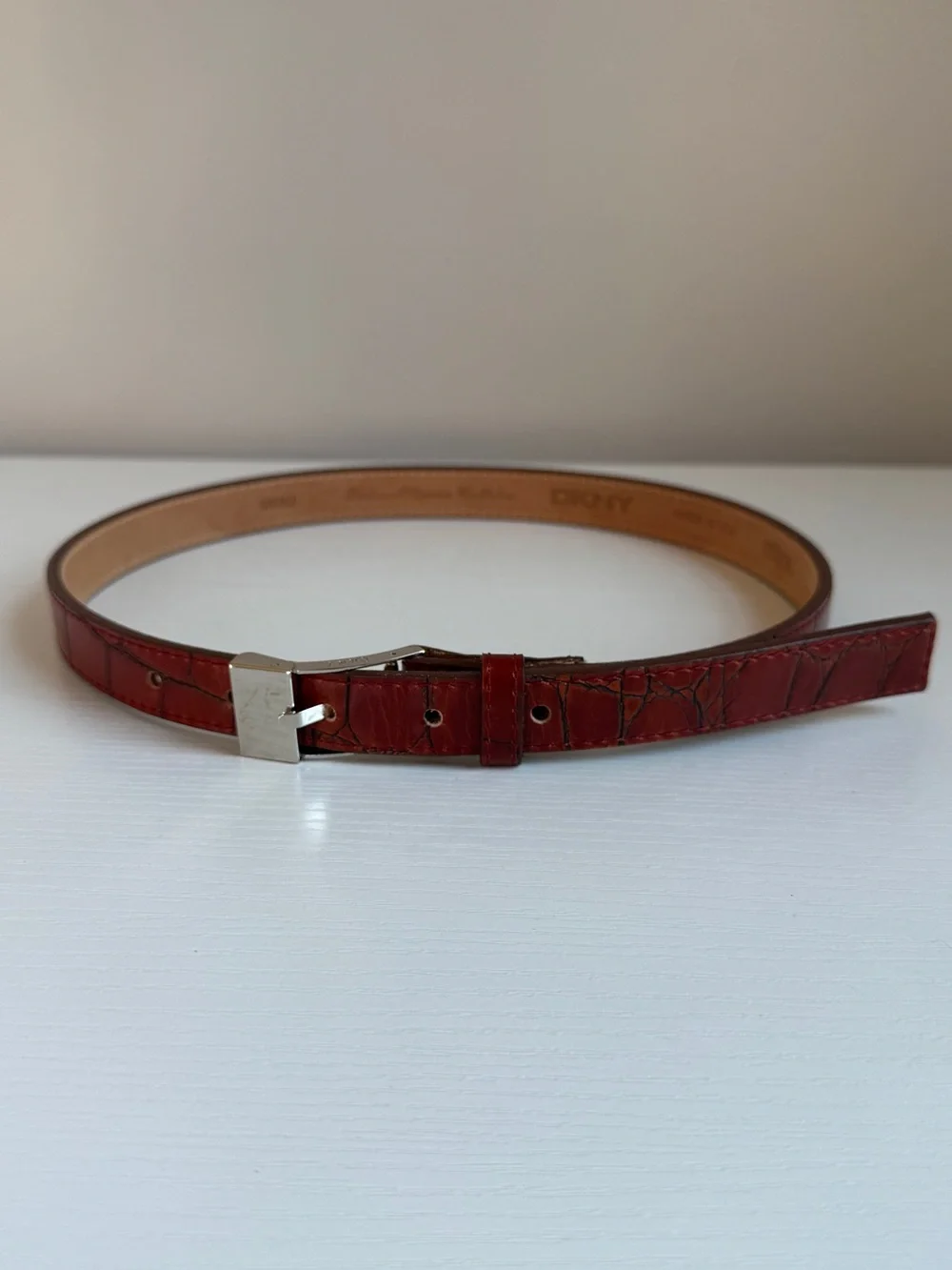 Vintage DKNY Embossed Red Calf Leather Belt Silver Buckle USA Ladies Small